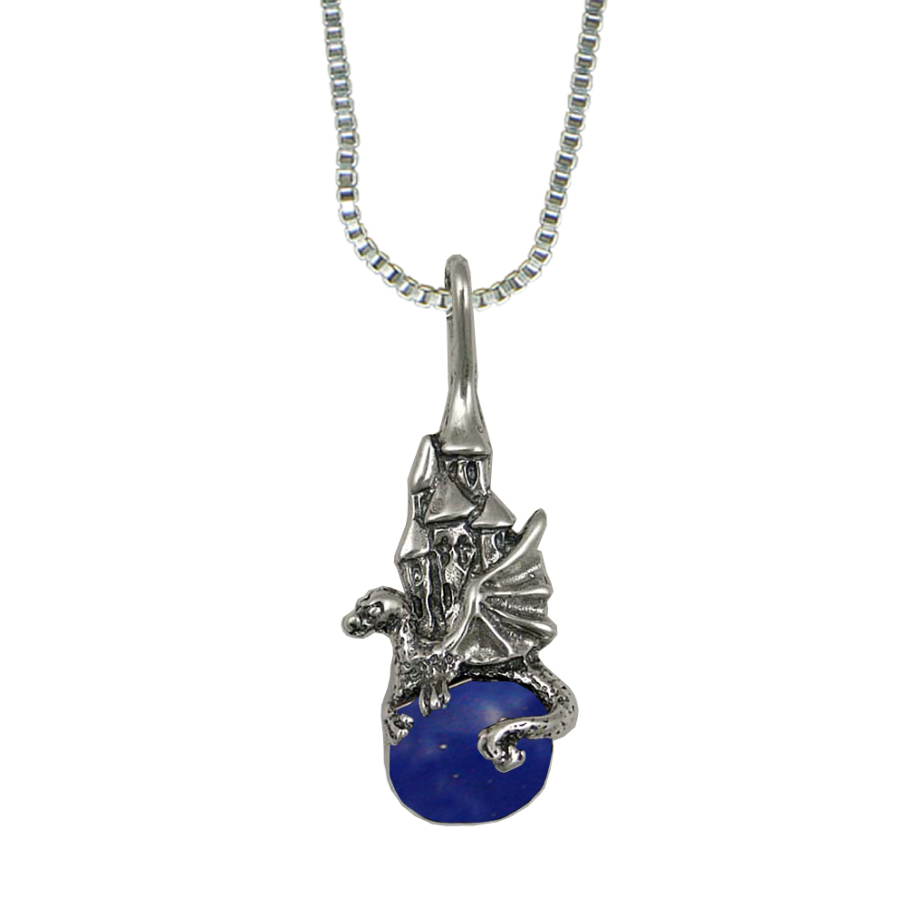 Sterling Silver Castle And Dragon of Prosperity Pendant With Lapis Lazuli